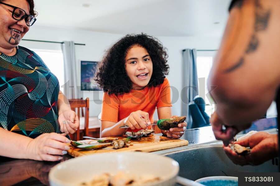 Family Shucking Mussels