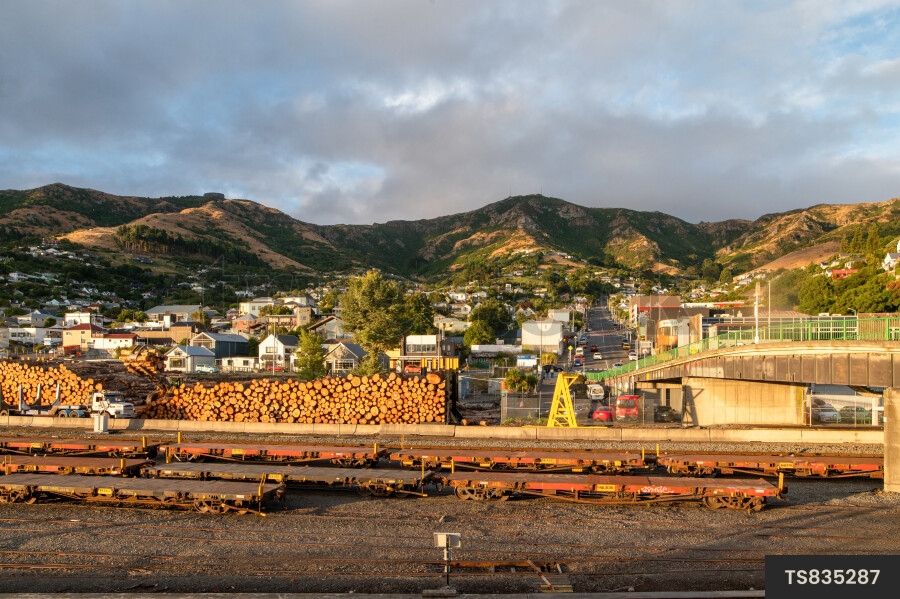 Mountains and logs at port