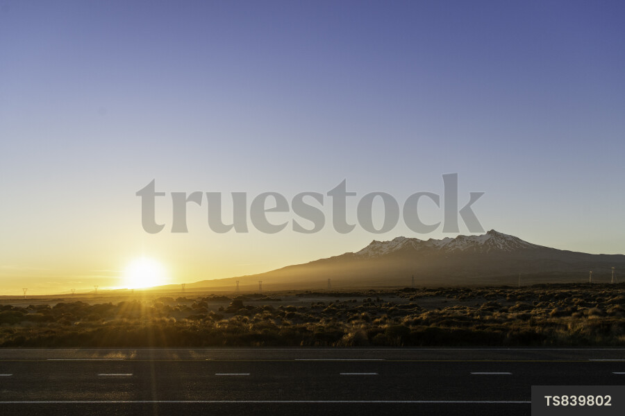 Mount Ruapehu and Desert Road at sunset
