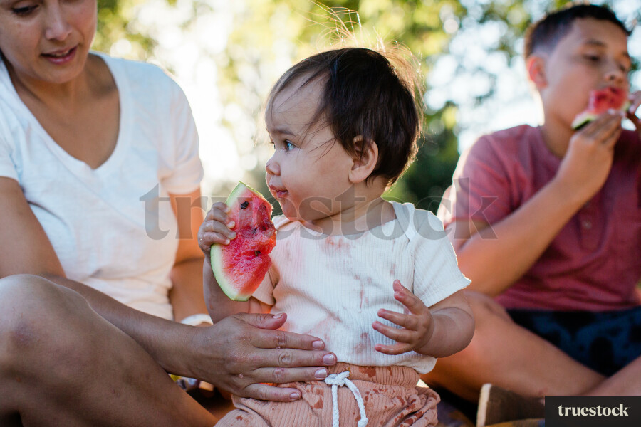 Family eating in park