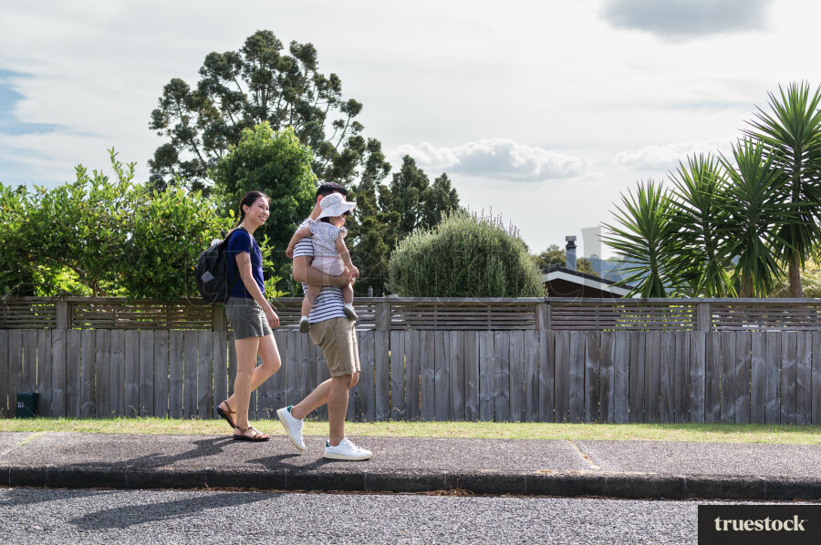 Family walking along road