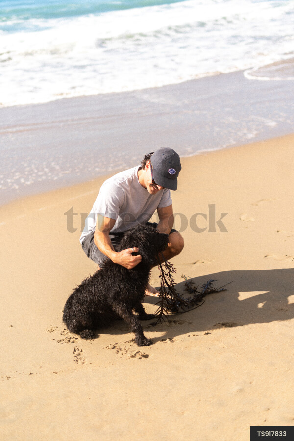 Man crouching by dog on beach during summer