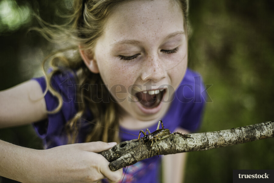 Girl Holding Stick with a Wētā on it