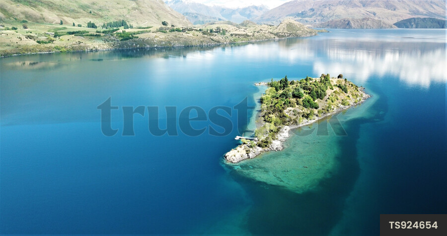 Aerial view of island in Lake Wanaka