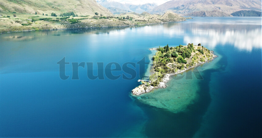 Aerial view of island in Lake Wanaka