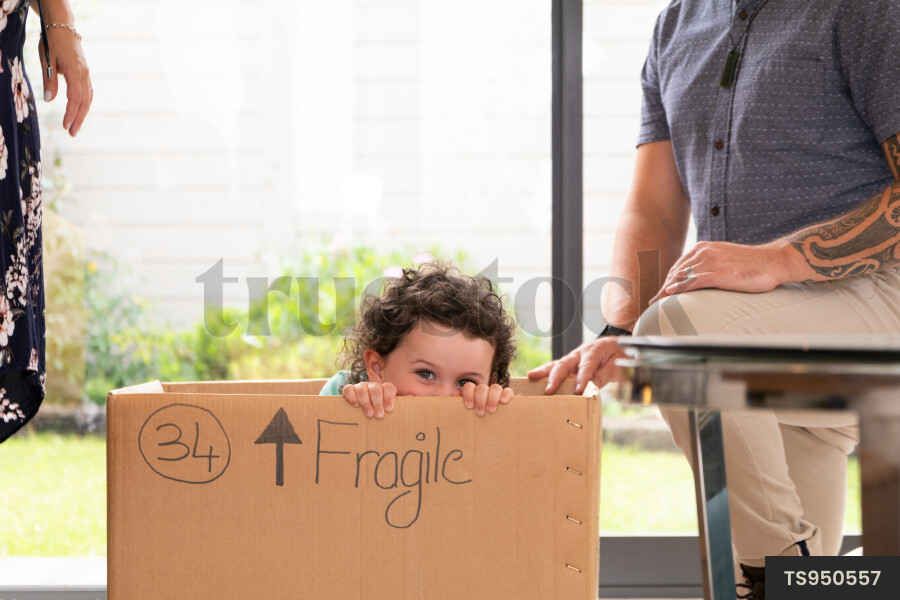 Girl playing in cardboard box with parents