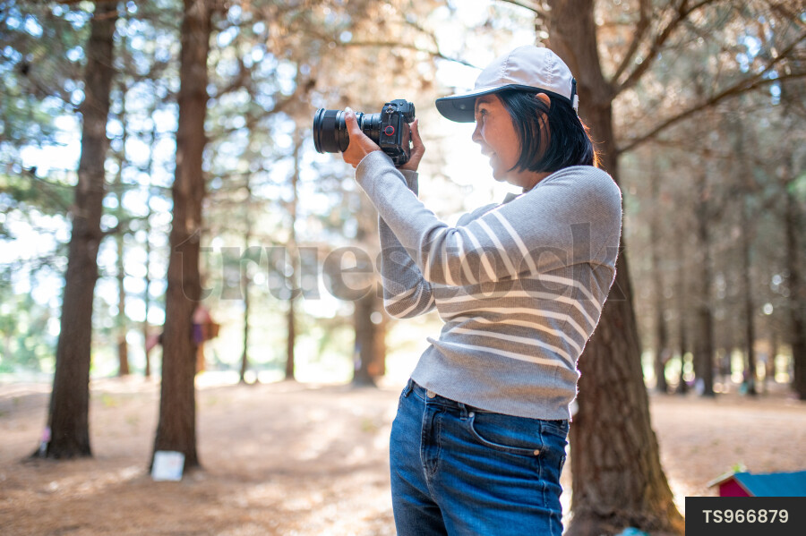 Asian woman using camera for photography by trees in forest