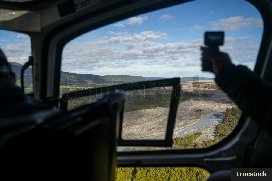 Helicopter flight over the mountains
