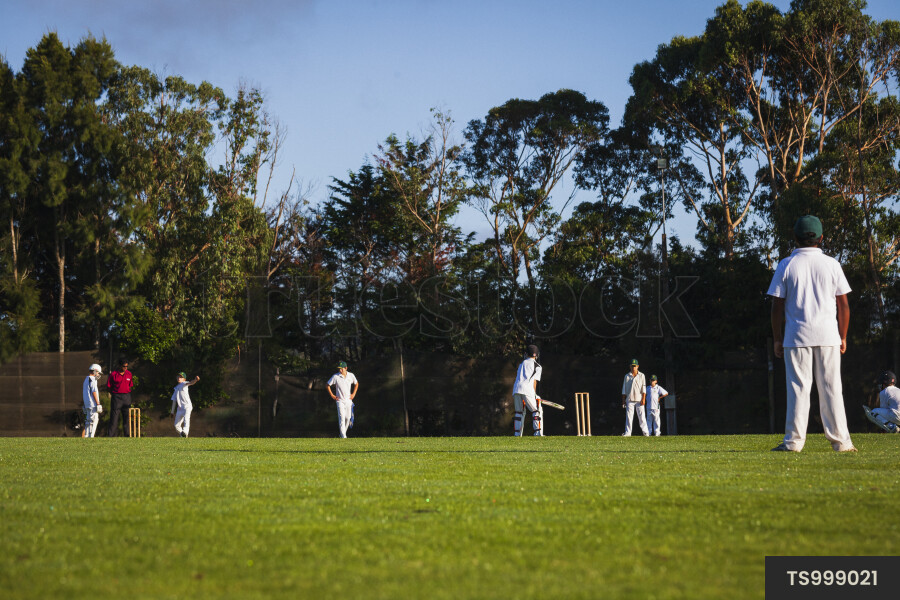 Boys playing cricket in park