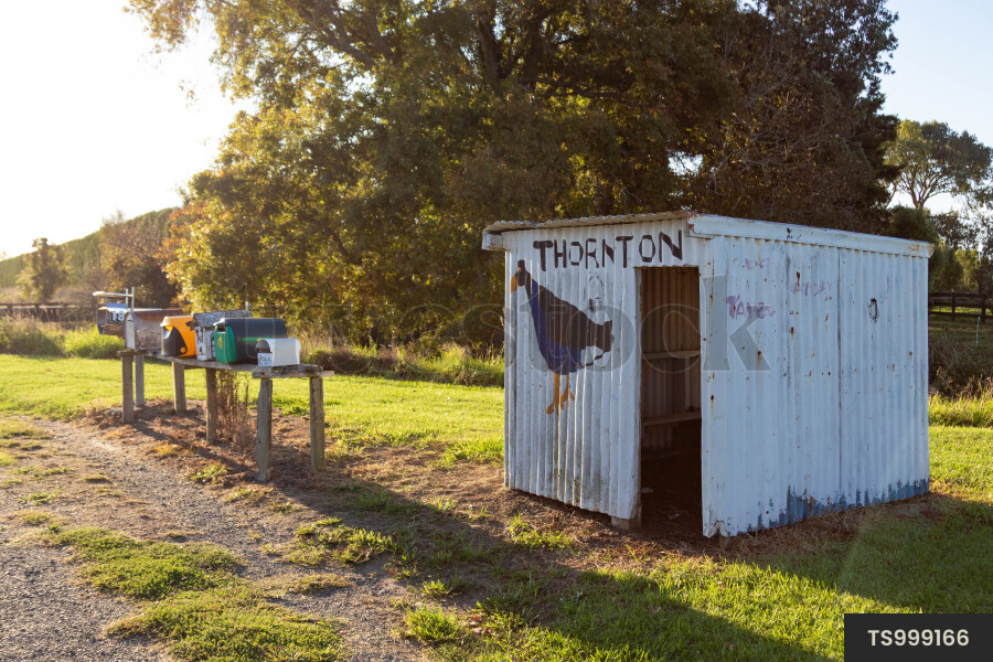 Bus stop next to postboxes in countryside